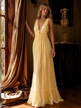 NWT Selfie Leslie V Neck Yellow Maxi Dress Ruffle Lemon Bridesmaid S Butter Tie